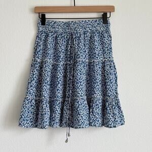 Princess Polly Blue Ditsy Floral Mini Skirt Tiered Ruffle Elastic Drawstring 6